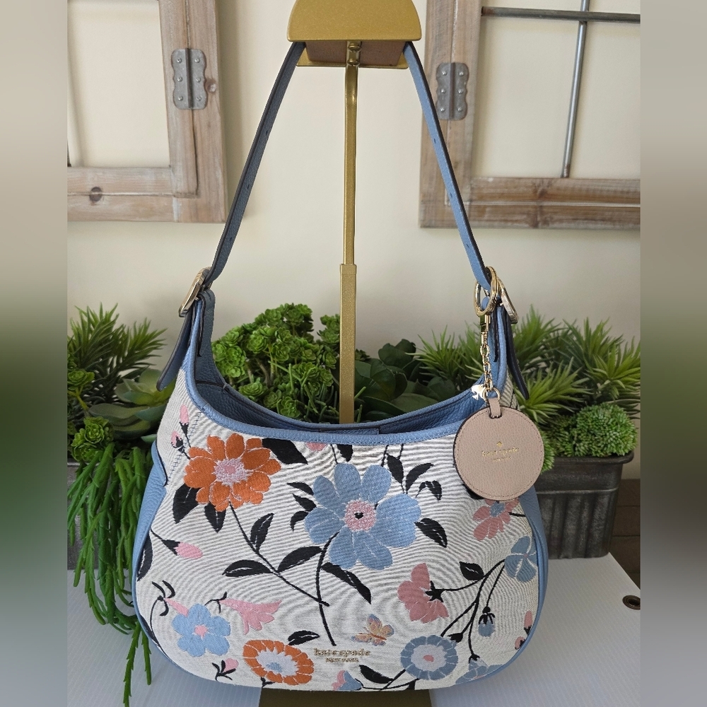 Kate Spade Penny Floral Jacquard Small Hobo + Rose Leather Circle Mirror Charm